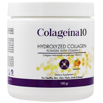 Colageina 10 Hydrolized Collagen Powder with Vitamin C, Anti-Aging, Orange Flavor, Water-Soluble, 3.5 Oz, Jar 3.5 Oz Powder, Jar