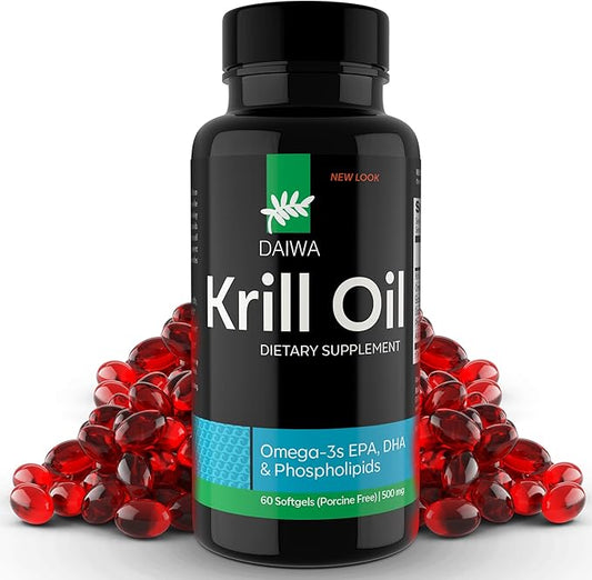 Daiwa Krill Oil 1000mg Softgels - EPA DHA Krill Oil Omega 3 6 9 with Astaxanthin for Joint, Brain and Heart Health - Antarctic Krill Oil Supplement - 60/ct