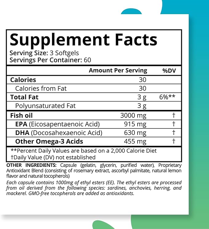 Purity Labs Omega 3 Fish Oil 3000mg – DHA & EPA Omega 3 Fatty Acid Supplements to Support Heart and Brain Health - Immune Support Supplement - 180 Softgels (60 Servings)