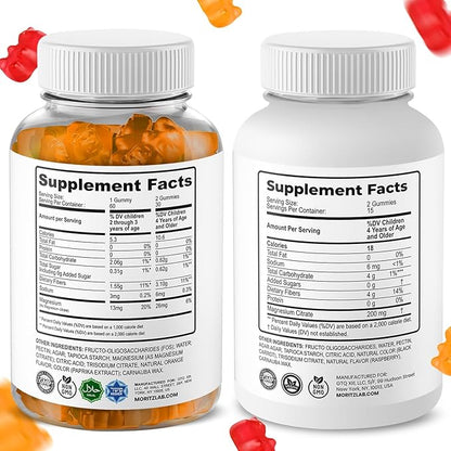 DR. MORITZ Kids Magnesium Citrate Gummies Orange Flavor (120 Count) and 200 mg Calm Magnesium Gummies for Adults in Raspberry Flavor (30 Count) - No Added Sugar & Non-GMO