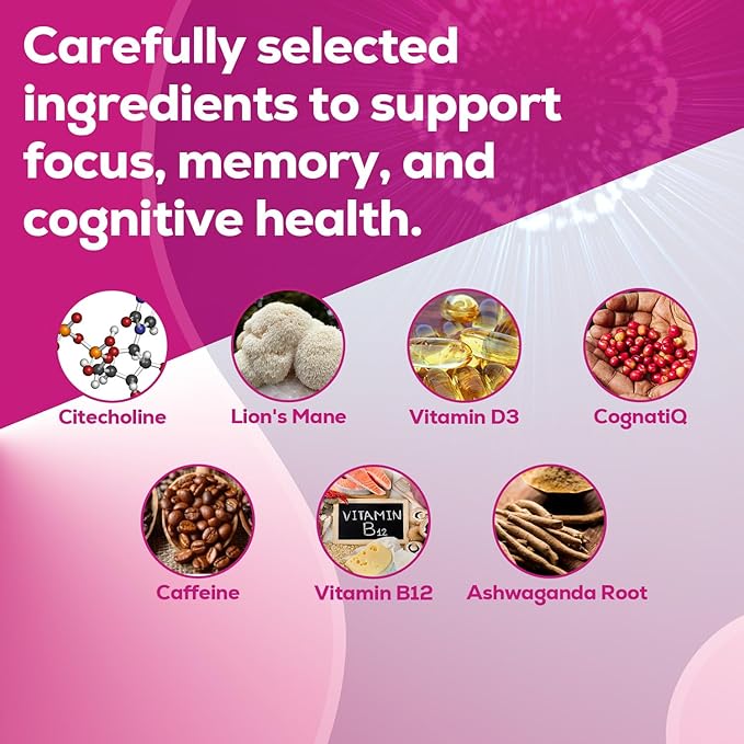 Just Thrive Focus & Memory Capsules – Nootropic Brain Supplement for Clarity, Concentration, Memory Support, & Energy – Citicoline, Lion’s Mane, Vitamins B12 & D3