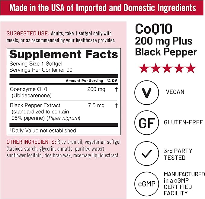 NatureWise CoQ10 200mg + Black Pepper Softgels - High Absorption Coenzyme Q10 + Black Pepper - Antioxidant for Heart Health + Cellular Energy - Vegan, Non-GMO, Gluten-Free - 90 Count[90-Day Supply]