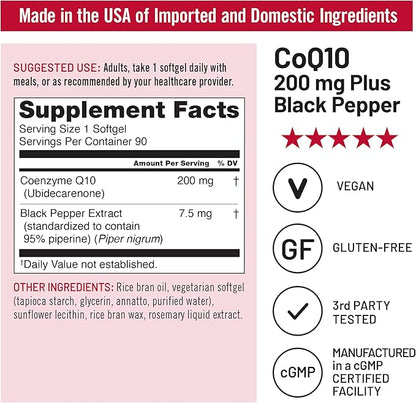 NatureWise CoQ10 200mg + Black Pepper Softgels - High Absorption Coenzyme Q10 + Black Pepper - Antioxidant for Heart Health + Cellular Energy - Vegan, Non-GMO, Gluten-Free - 90 Count[90-Day Supply]