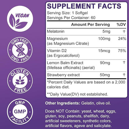 Sleep Support Supplement Softgels, Sleep Aids for Adults, Sleep Supplement with Melatonin 5mg, Vitamin D2, Magnesium, and Lemon Balm, Strawberry Extract, Gluten-Free, Vegan & Non-GMO, 60 Count