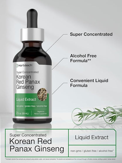 Horbäach Korean Red Panax Ginseng Liquid Extract | 2 Fl Oz | Vegetarian & Alcohol Free Supplement for Men and Women | Non-GMO, Gluten Free