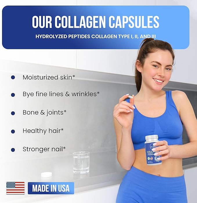 Collagen + Vitamin C + Hyaluronic Acid | Hydrolized Peptide | Specially formulated for Women | Type I, II and III | 60 Capsules