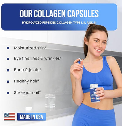 Collagen + Vitamin C + Hyaluronic Acid | Hydrolized Peptide | Specially formulated for Women | Type I, II and III | 60 Capsules