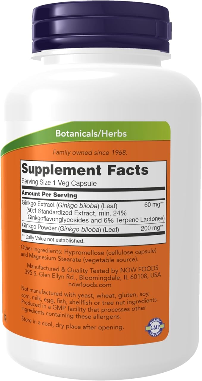 NOW Foods Supplements, Ginkgo Biloba 60 mg, 24% Standardized Extract, Non-GMO Project Verified, 240 Veg Capsules