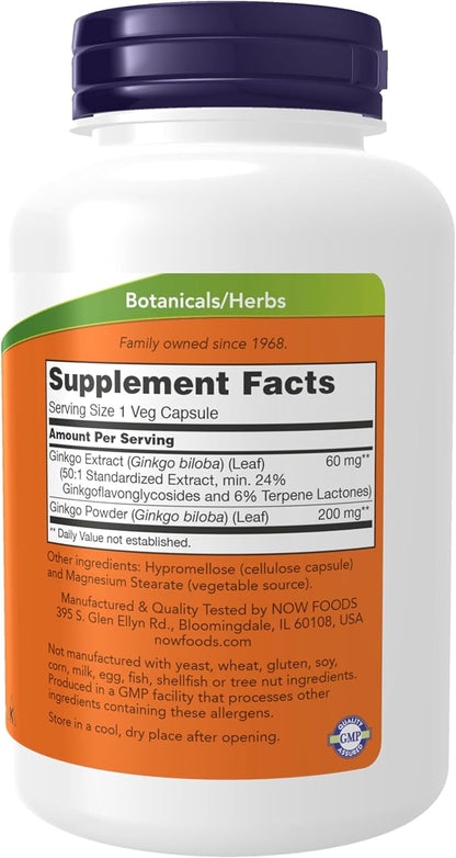 NOW Foods Supplements, Ginkgo Biloba 60 mg, 24% Standardized Extract, Non-GMO Project Verified, 240 Veg Capsules