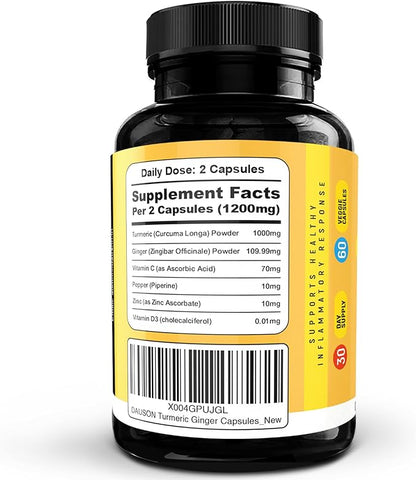 Turmeric Supplement with Ginger, Piperine, Vitamins & Zinc | High Bioavailability Joint Support | Gut, Heart, Brain & Skin Health | Curcumin Immune Booster | 60 Capsules