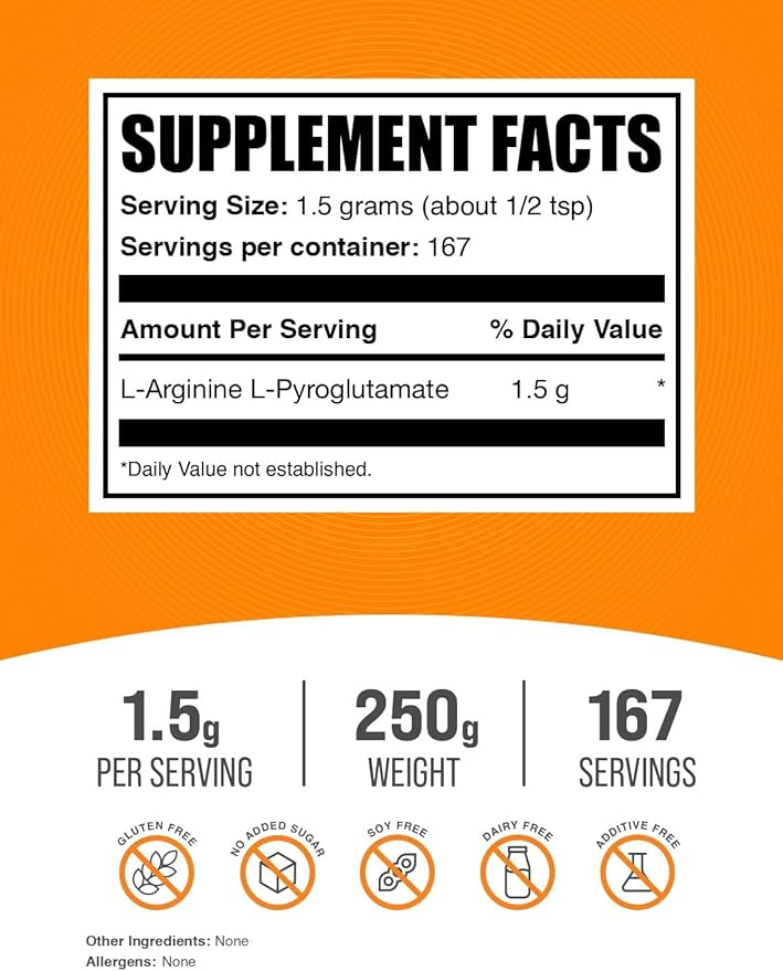 BulkSupplements.com L-Arginine L-Pyroglutamate Powder - Arginine Supplement, Nitric Oxide Supplement - Gluten Free, 1.5g per Serving, 250g (8.8 oz) (Pack of 1)