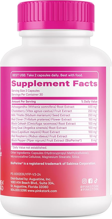 Pink Stork Menopause Supplements for Women - 9 Clinically-Studied Herbs for Perimenopause, Hot Flashes, and Hormone Balance - Ashwagandha, Vitex, Maca Root, Black Cohosh - 60 Capsules