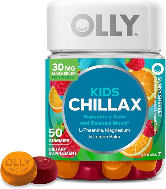 OLLY Kids Chillax Gummy, For a Calm and Relaxed Mood*, Magnesium, L-Theanine, Lemon Balm Extract, Chewable Supplement, Sherbet Flavored, 25 Day Supply - 50 Count (Packaging May Vary)