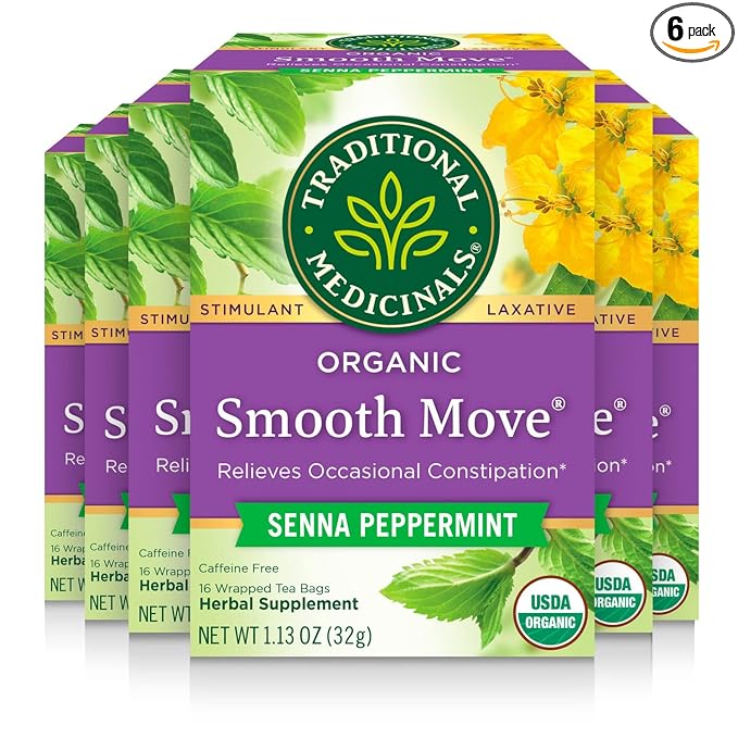 Traditional Medicinals Tea, Organic Smooth Move Peppermint, Relieves Occasional Constipation, Senna, 96 Tea Bags (6 Pack)