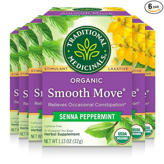 Traditional Medicinals Tea, Organic Smooth Move Peppermint, Relieves Occasional Constipation, Senna, 96 Tea Bags (6 Pack)