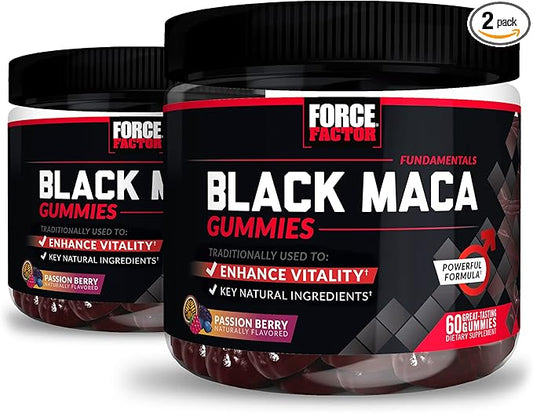 Force Factor Black Maca Gummies, 2-Pack, Black Maca Root to Enhance Male Vitality, Increase Energy & Strength, with BioPerine for Superior Absorption, Delicious Passion Berry Flavor, 120 Gummies