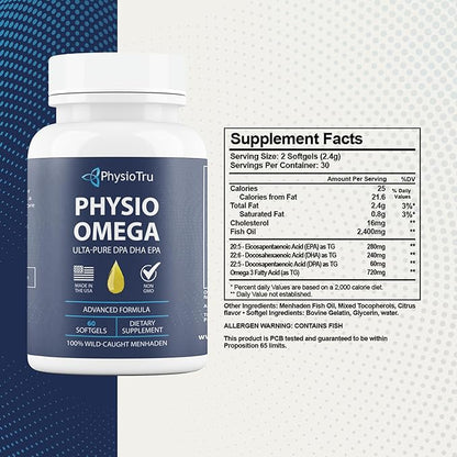 Physio Omega - Omega 3 Supplement - Sustainably Sourced - with DPA, EPA, and DHA - Burpless Fish Oil - 4 Pack