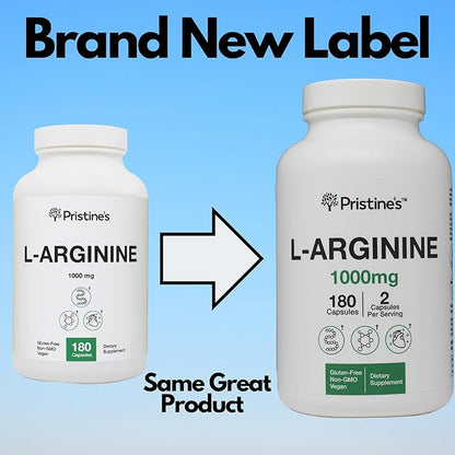 PRISTINE'S L Arginine Supplements for Men & Women - 1000mg Capsules 90 Day Supply Nitric Oxide & Pre Workout Amino Acid Support