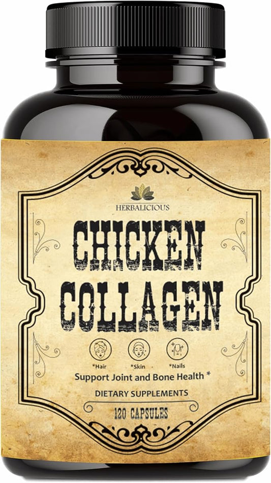 Chicken Collagen Capsules - Type II Collagen Nutritional Supplement for Joint, Skin & Bone Support - Non-GMO, Anti-Aging Dietary Supplements with Hydrolyzed Collagen Peptides - 120 Capsules
