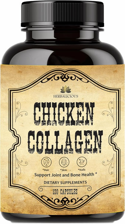 Chicken Collagen Capsules - Type II Collagen Nutritional Supplement for Joint, Skin & Bone Support - Non-GMO, Anti-Aging Dietary Supplements with Hydrolyzed Collagen Peptides - 120 Capsules