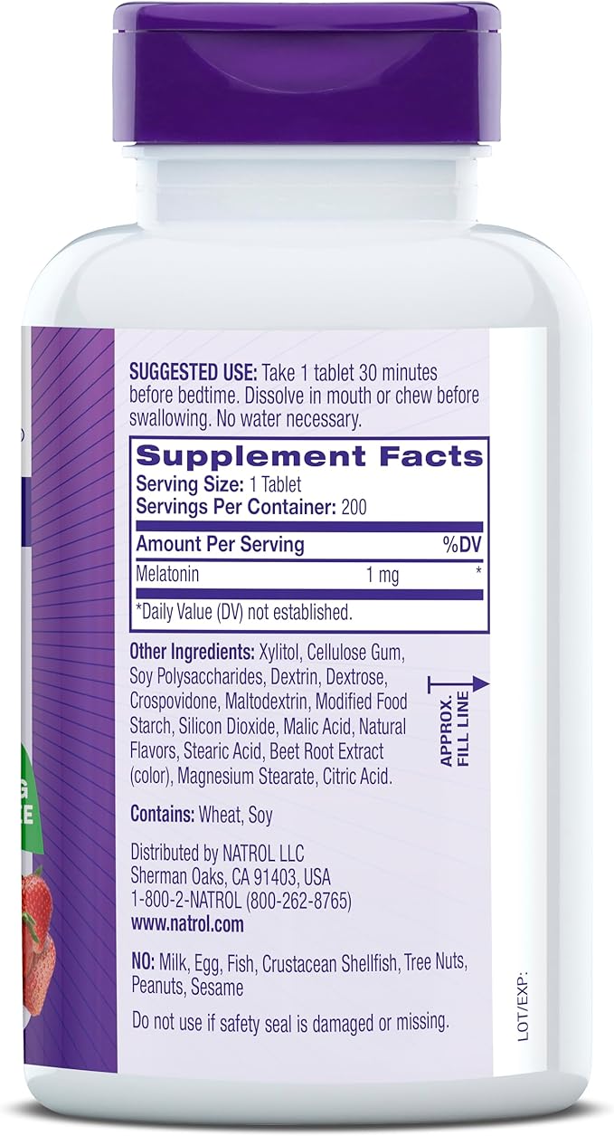 Natrol Fast Dissolve Melatonin 1 mg, Supplements for Restful Sleep, Sleep Support for Adults, 200 Strawberry-Flavored Melatonin Tablets, Up to a 200 Day Supply