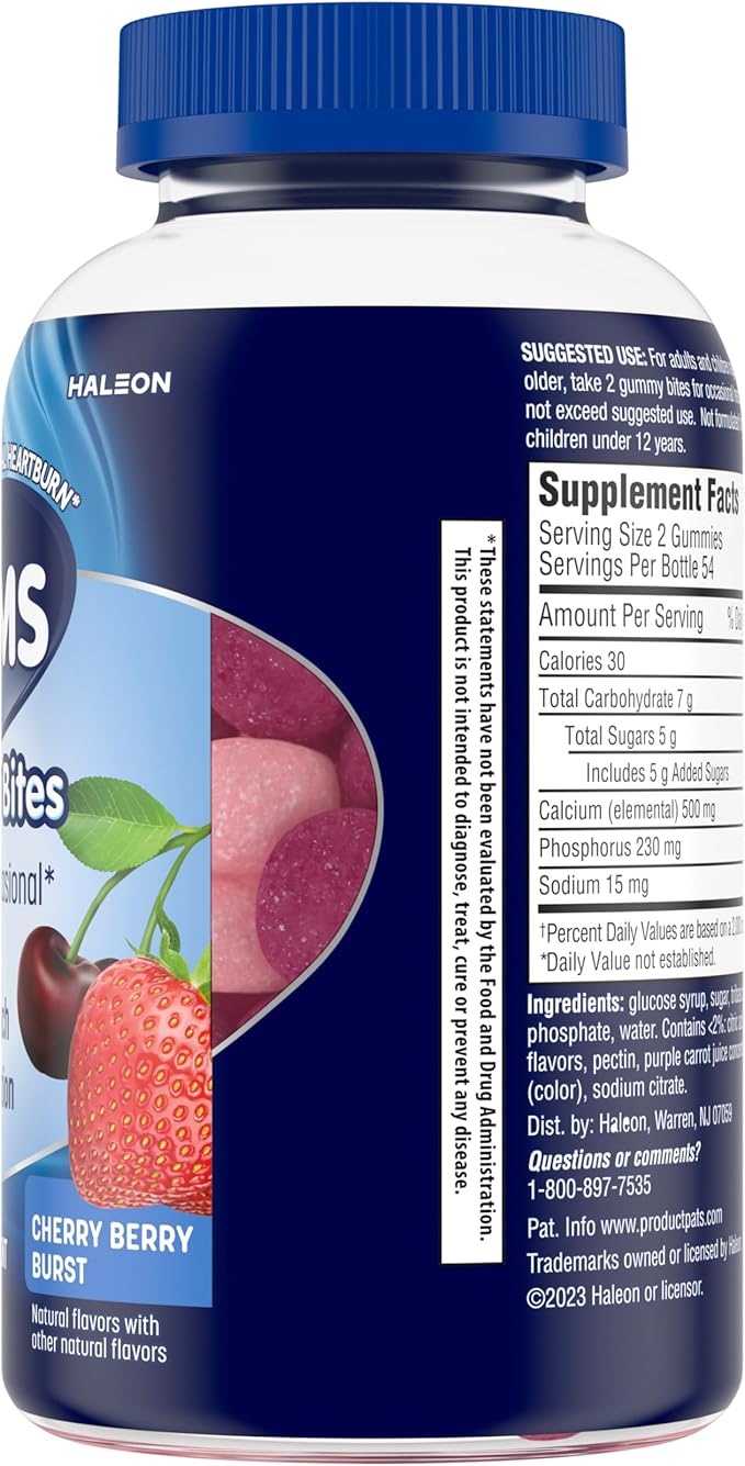 TUMS Gummy Bites Dietary Supplement for Occasional Heartburn Relief, Upset Stomach and Acid Indigestion, Great for a Summer BBQ - Cherry Berry Burst - 108 Count