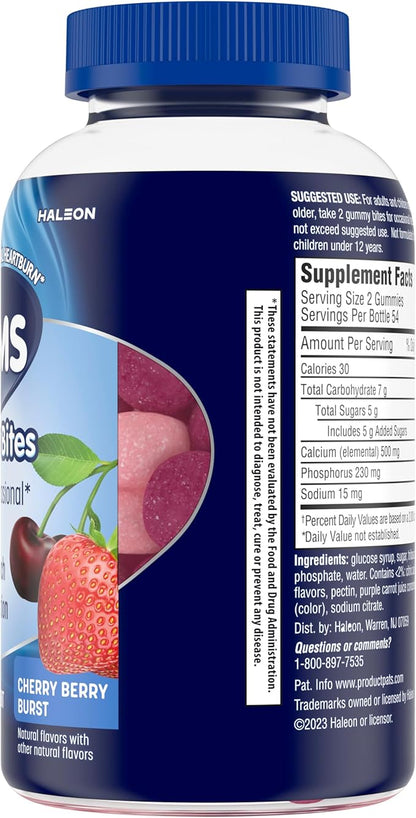 TUMS Gummy Bites Dietary Supplement for Occasional Heartburn Relief, Upset Stomach and Acid Indigestion, Great for a Summer BBQ - Cherry Berry Burst - 108 Count