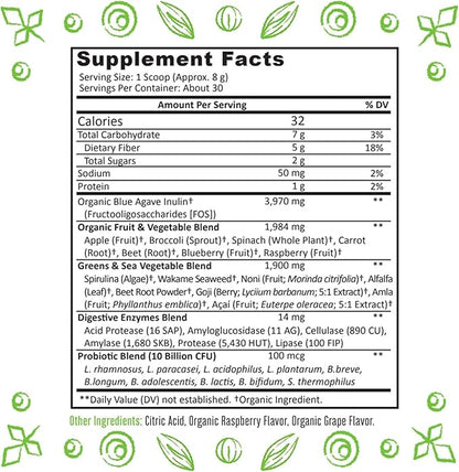 Super Greens Powder Organic Blend: Non-GMO Supplement, Includes Spirulina, Alfalfa, Spinach, Probiotics, Fiber and Digestive Enzymes, No Artificial Sweeteners, 30 Servings