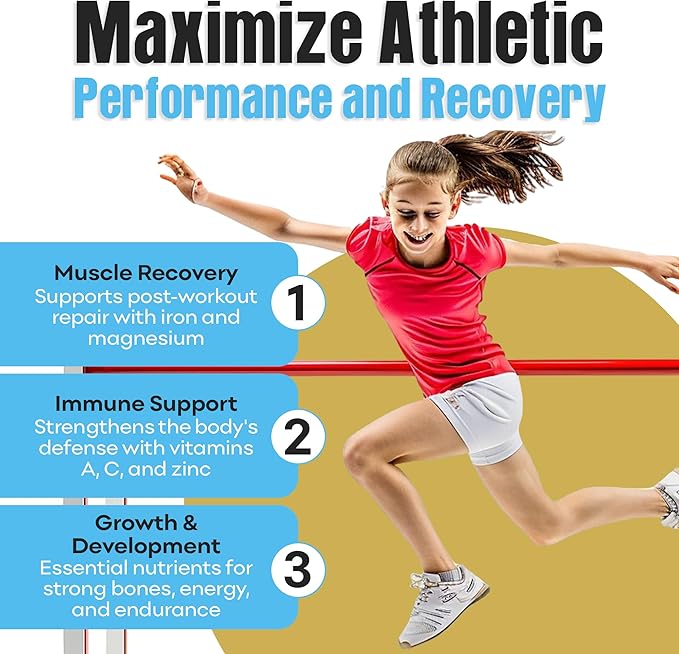 Youth Athletic Gummies – Kids Multivitamin Gummies with Essential Nutrients, Immune & Energy Support, Vegan & Gelatin-Free, Includes Vitamins A, C, B3, B12, Omega-3, Zinc – Ages 5-18