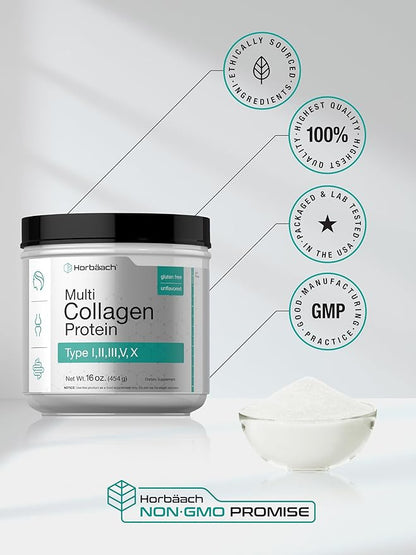 Horbäach Multi Collagen Protein Powder 16 oz | Type I, II, III, V, X | Unflavored | for Men and Women | Non-GMO, Gluten Free Supplement