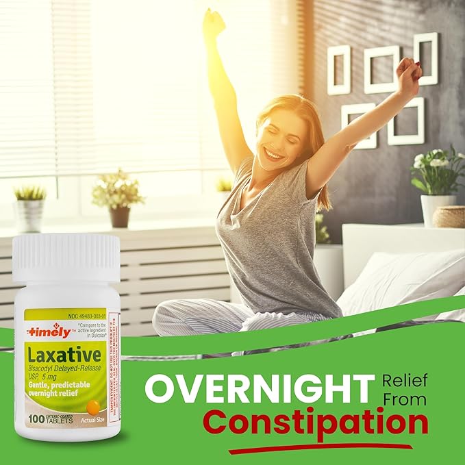 Timely Laxative Bisacodyl 5mg Tablets - Stimulant Laxatives for Constipation Fast Acting & Gentle - Overnight Constipation Relief for Adults - Compare to Active Ingredients in Dulcolax - 100 Tablets