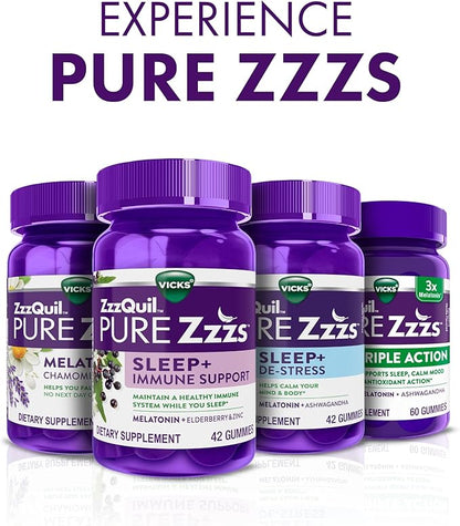 ZzzQuil Pure Zzzs Melatonin Gummies, Sleep Aid, Melatonin 2mg, with Chamomile & Lavender, Melatonin Sleep Gummies, Sleep Aids for Adults, Wildberry Vanilla Flavored, 48 Sleep Gummies