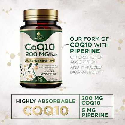 CoQ10 200mg Softgels - Better Absorption, Antioxidant for Heart Health & Cellular Energy Support - Nature's Co Q10 Vitamins, Non-GMO & Gluten Free, Coenzyme Q10 Supplement - 240 Softgels