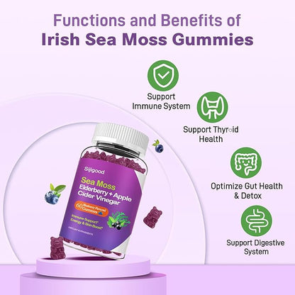 2 Pack Irish Sea Moss Gummies with Elderberry, Bladderwrack, Burdock, Chlorophyll - Digestion, Skin, Hair and Enhance Immunity - Adults Kids Women Men, 120 Blueberry Flavored Gummies