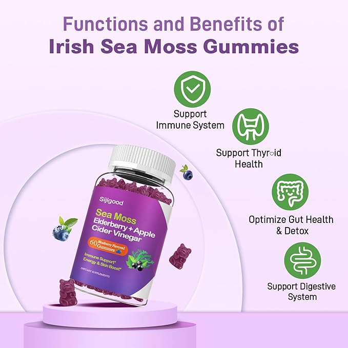 Irish Sea Moss Gummies with Elderberry, Bladderwrack, Burdock, Chlorophyll - Digestion, Skin, Hair and Enhance Immunity - Adults Kids Women Men, 60 Blueberry Flavored Gummies