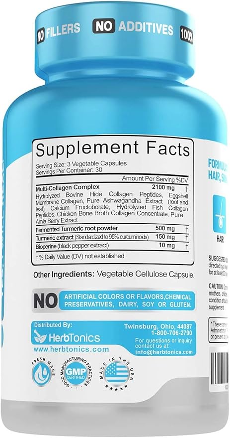 Multi Collagen Complex (Types 1 2 3 5 and 10) | Hydrolyzed Collagen Peptides | Collagen for Women & Men | Hair, Skin, Nails, Joint Support (with Turmeric) | 90 Capsules