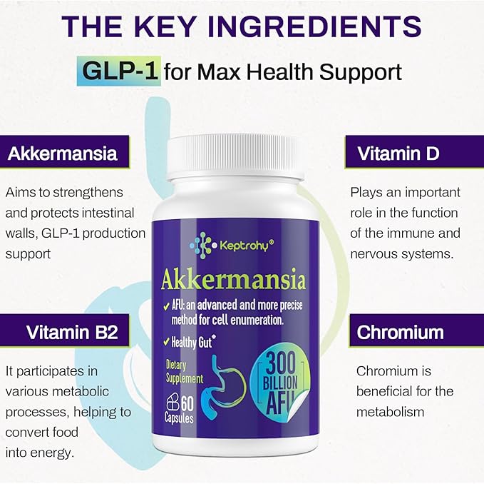 GLP-1 Supplement - 300 Billion AFU Akkermansia Probiotic for Women & Men, Akkermansia Muciniphila for GLP-1 Production, Digestive, Gut, Immune Health, Enhances Gut Digestive Lining function, 60 Count