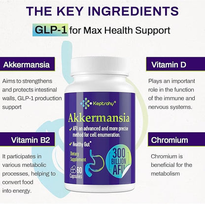 GLP-1 Supplement - 300 Billion AFU Akkermansia Probiotic for Women & Men, Akkermansia Muciniphila for GLP-1 Production, Digestive, Gut, Immune Health, Enhances Gut Digestive Lining function, 60 Count