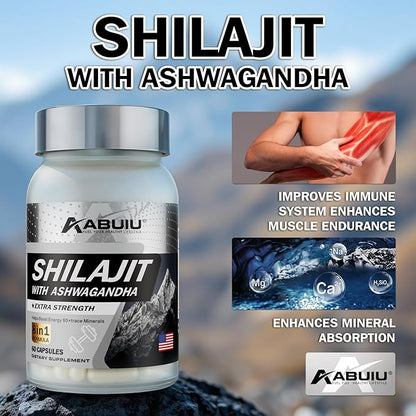 Shilajit for Men Women Pure Himalayan Shilajit Resin Containing Fulvic Acid, 8-in-1 with Ashwagandha Rhodiola Rosea Ginseng, Supports Energy Mental Clarity Focus, 120 Capsules / 2 Packs