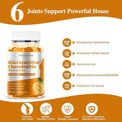 Glucosamine Chondroitin Gummies with MSM & Elderberry Extra Strength - Joint Support, Antioxidant Immune Support Supplement for Adults, Men & Women Minerals, coenzyme Q10, DHA - 60 Orange Gummies