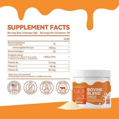 Bovine Colostrum & Collagen Powder for Gut Health, Immune Support, Hair Growth & Beauty Supplement, Sugar Free – IgG, Probiotics, Vitamin B12, C, D3 – Orange Flavor, 30 Servings