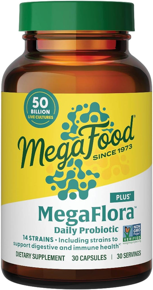 MegaFood MegaFlora Probiotic Plus - Probiotics for Women Digestive Health- Probiotics for Men - 50 Billion CFUs & 14 Strains - Immune Support Supplement - Vegetarian - 30 Capsules, 30 Servings