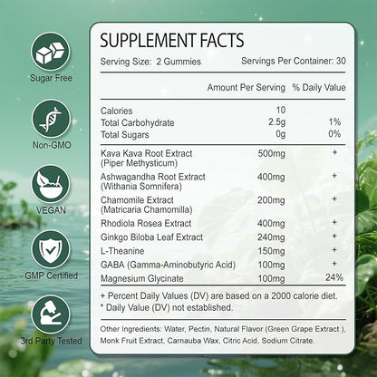 Kava Kava Gummies, Kava Kava Root Extract Supplement with Kavalactones, Calm Gummies for Stress Relief & Better Sleep, Melatonin Free, Sugar Free, Vegan, Non-GMO, Green Grape Flavor, 60 count