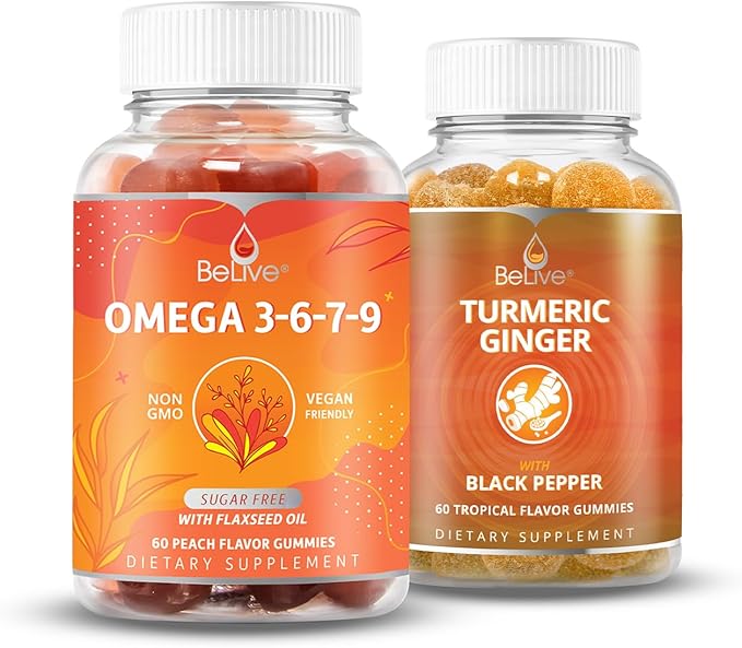BeLive Omega 3 & Turmeric Gummies for Brain, Heart, Eye and Inmmune System, Mobility Support