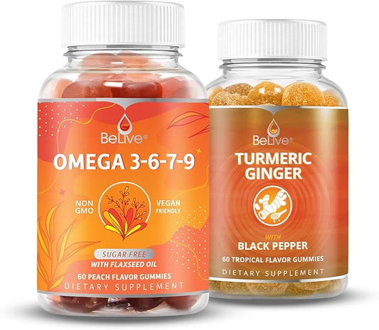 BeLive Omega 3 & Turmeric Gummies for Brain, Heart, Eye and Inmmune System, Mobility Support