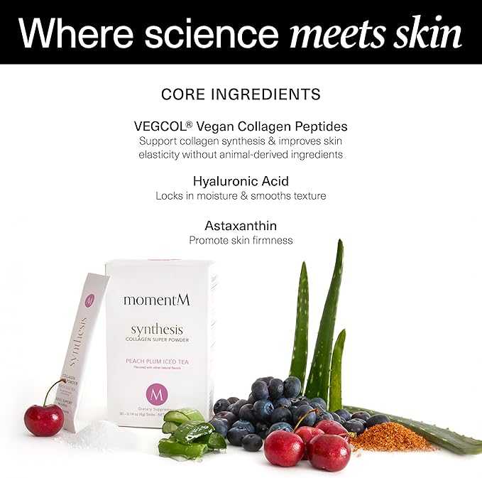 Synthesis Vegan Collagen Powder - Vegetarian Collagen Peptides for Skin Hydration, Anti Aging, Muscles, Gut, Hair, Nails - VEGCOL®, Hyaluronic Acid, Biotin, Vitamin C - 30 Stick Packs
