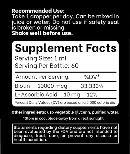 Liquid Biotin 10,000 mcg with Vitamin C – High Potency Hair, Skin & Nail Support – Fast Absorption Biotin Drops – 60 Day Supply – 2 oz
