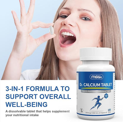 Calcium-Supplement Vitamin-D3 1200-mg Magnesium-Mini - 186Tablets Unflavored Slow Release Bone Health Women and Men Dietary Supplement Easy to Swallow Sugar Free