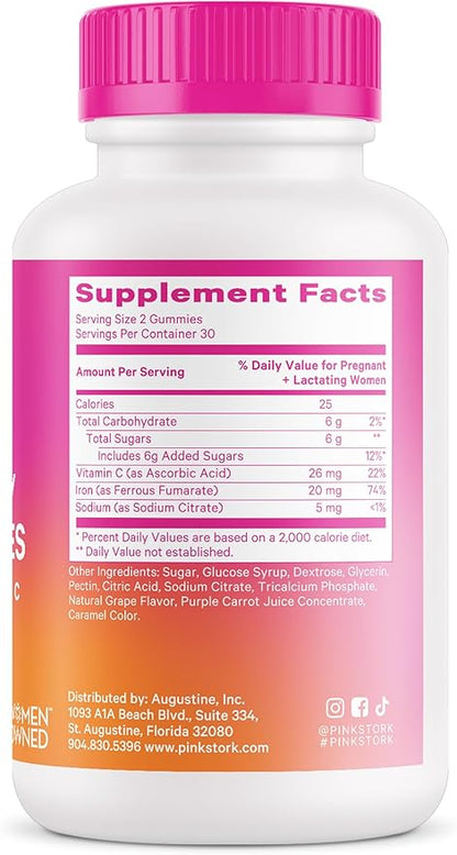 Pink Stork Prenatal Iron Supplement Gummies for Women - 20 mg with Vitamin C - Grape Chewable for Deficiency, Energy, & Blood Builder - 60 Gummy Chews