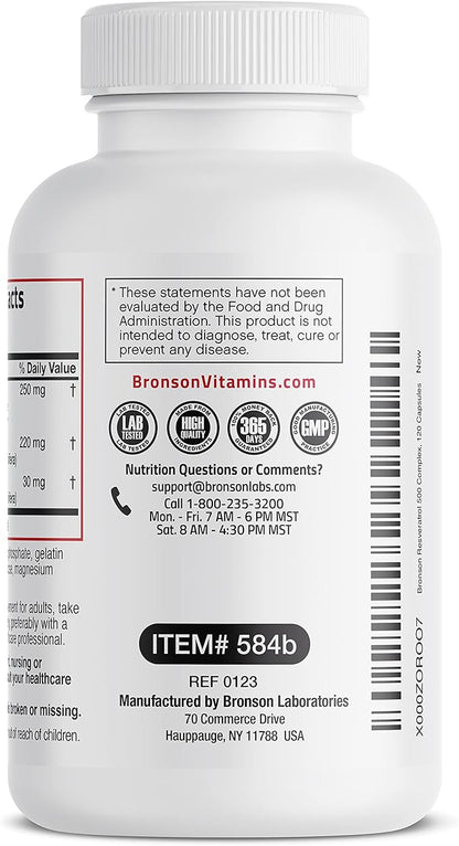 Bronson Resveratrol 500 Complex Standardized Trans-Resveratrol + Grape Seed & Red Wine Extract, 120 Capsules